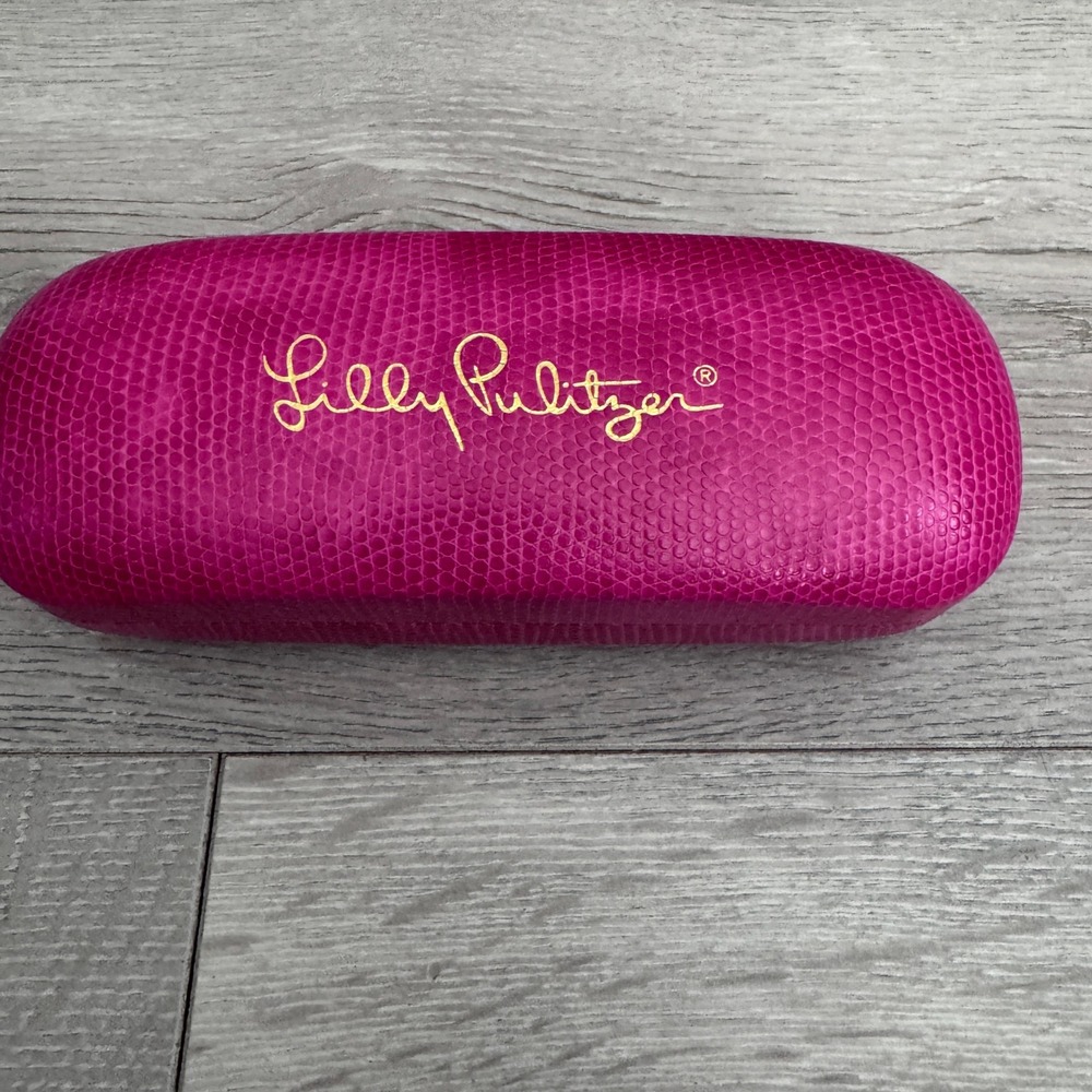 Lilly Pulitzer Pink Textured Hard Eyeglass Case Gold Logo Navy Velvet Interior